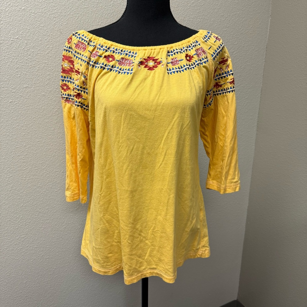 Cowgirl Tuff Co Yellow Embroidered Western Boho Aztec Off Shoulder Top L - Picture 2 of 9
